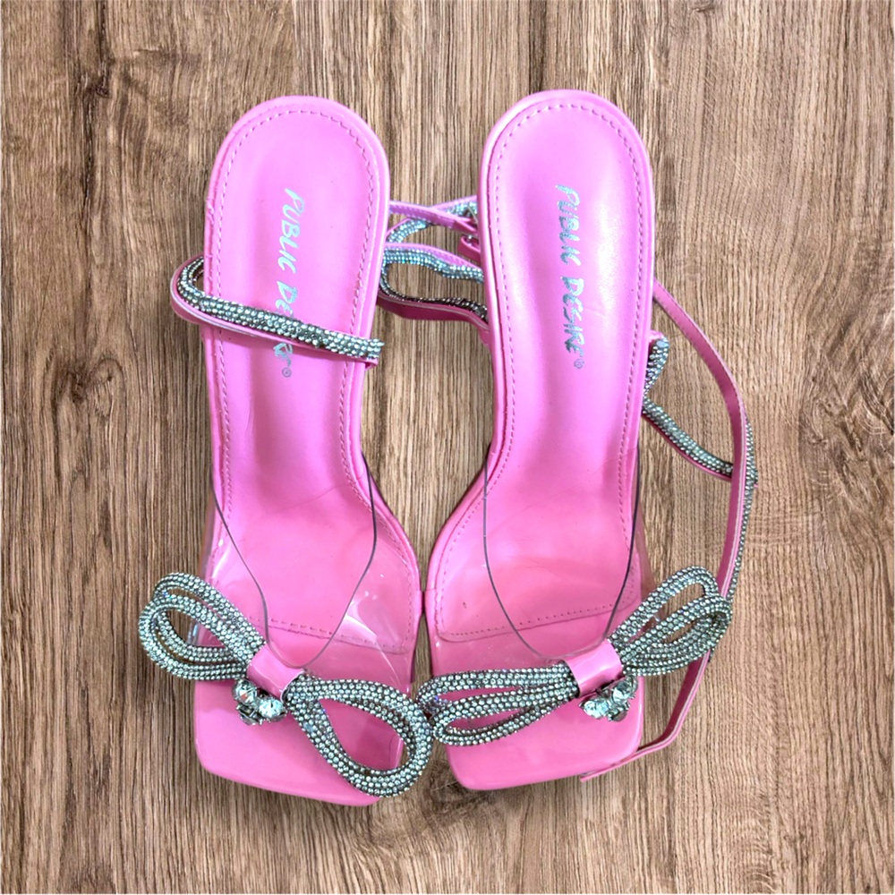 Crystal Clear Heals with a Rhinestone Bow wrap around strapped heel.